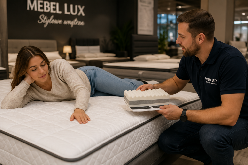 Klientka testująca materac z pomocą doradcy w salonie Mebel Lux Stylowe Wnętrza w Oświęcimiu – profesjonalne doradztwo przy wyborze materaca