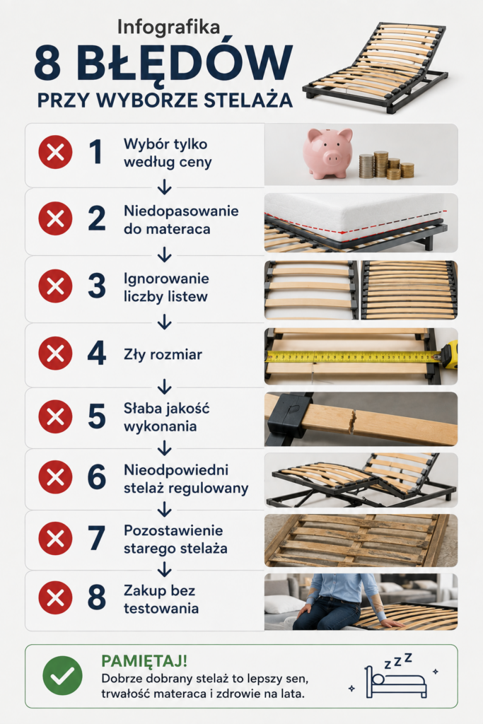 Infografika przedstawiająca 8 najczęstszych błędów przy wyborze stelaża do łóżka – poradnik Mebel Lux Oświęcim dotyczący doboru stelaża pod materac.