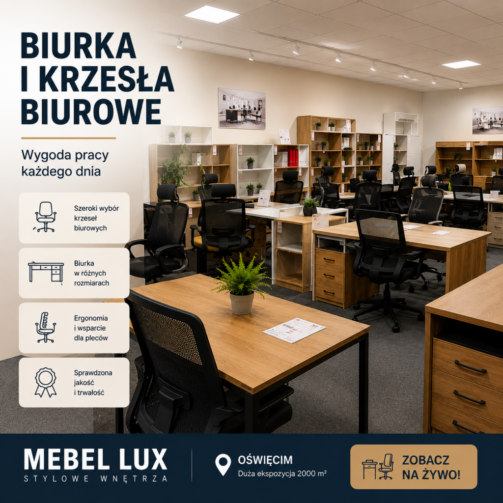 Biurka i krzesła biurowe Oświęcim – ekspozycja Mebel Lux