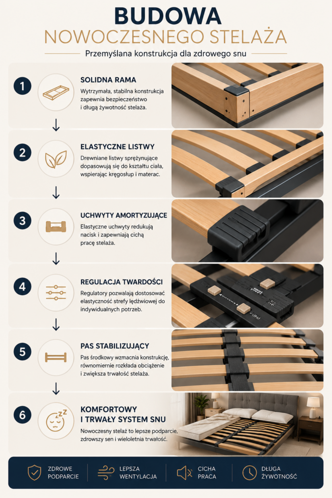 Infografika pokazuje budowę nowoczesnego stelaża listwowego z regulacją twardości oraz wyjaśnia funkcję jego najważniejszych elementów. Przedstawiono elastyczne listwy sprężynujące z drewna brzozowego, które dopasowują się do kształtu ciała, uchwyty amortyzujące zwiększające komfort użytkowania oraz solidną drewnianą ramę odpowiadającą za stabilność całej konstrukcji. Szczególną uwagę poświęcono systemowi regulacji twardości stelaża, który za pomocą suwaków umożliwia indywidualne ustawienie podparcia w strefie lędźwiowej. Odpowiednio dobrany stelaż poprawia ergonomię snu, wspiera prawidłową pracę materaca, zwiększa jego wentylację i wydłuża żywotność całego zestawu. Jeśli szukasz wysokiej jakości stelaży do łóżek Oświęcim, odwiedź nasz salon stelaży do łóżek Oświęcim. W naszym sklepie ze stelażami Oświęcim pomożemy dobrać stelaż pod materac Oświęcim dopasowany do rodzaju materaca, łóżka i indywidualnych preferencji użytkownika.