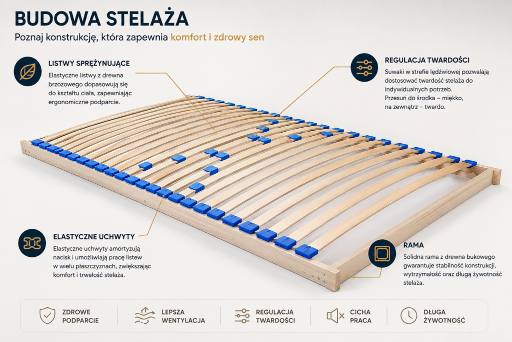 Infografika przedstawiająca budowę nowoczesnego stelaża do łóżka z regulacją twardości w strefie lędźwiowej, elastycznymi listwami sprężynującymi, uchwytami amortyzującymi i solidną drewnianą ramą. Stelaże do łóżek Oświęcim.