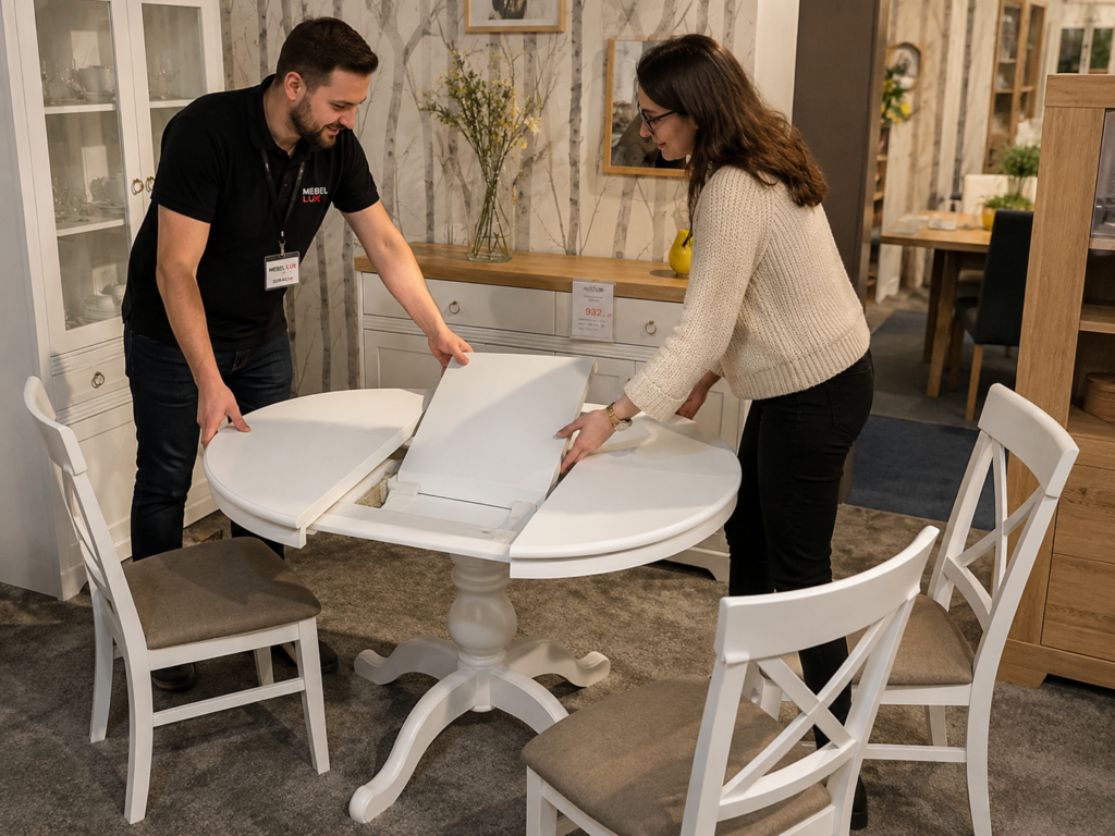 Klient testuje rozkładany stół z doradcą – Mebel Lux Oświęcim