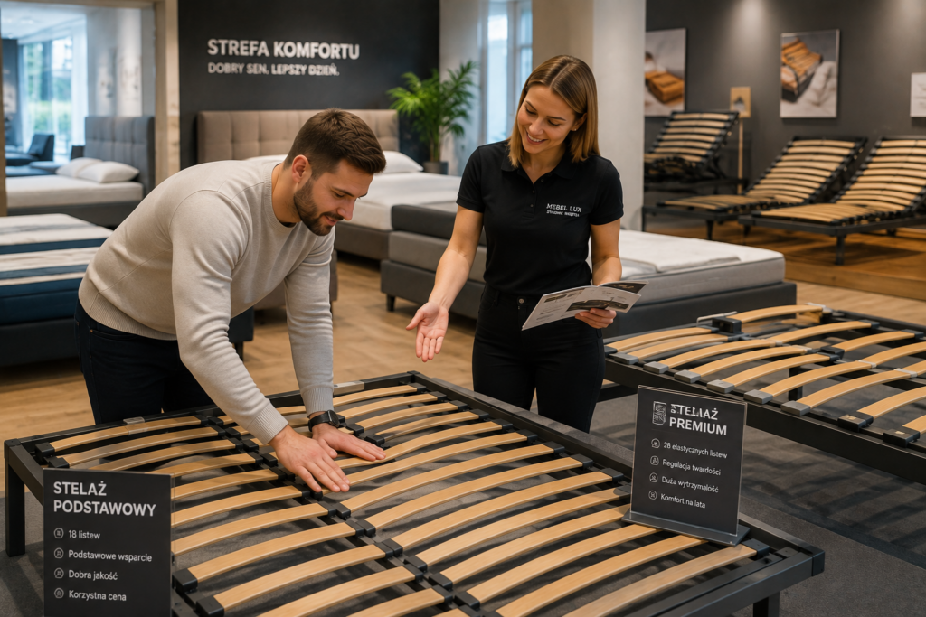 Najczęściej zadawane pytania o stelaże do łóżek – klient porównuje stelaż podstawowy i premium z doradcą w salonie Mebel Lux Oświęcim.