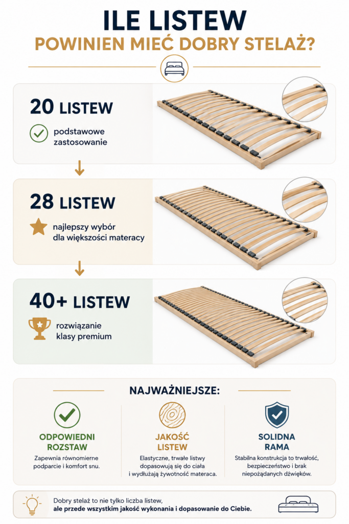 Ile listew powinien mieć stelaż do łóżka? Infografika porównująca stelaże z 20, 28 i 40+ listwami oraz pokazująca wpływ liczby listew na komfort snu i trwałość materaca. Stelaże do łóżek Oświęcim.