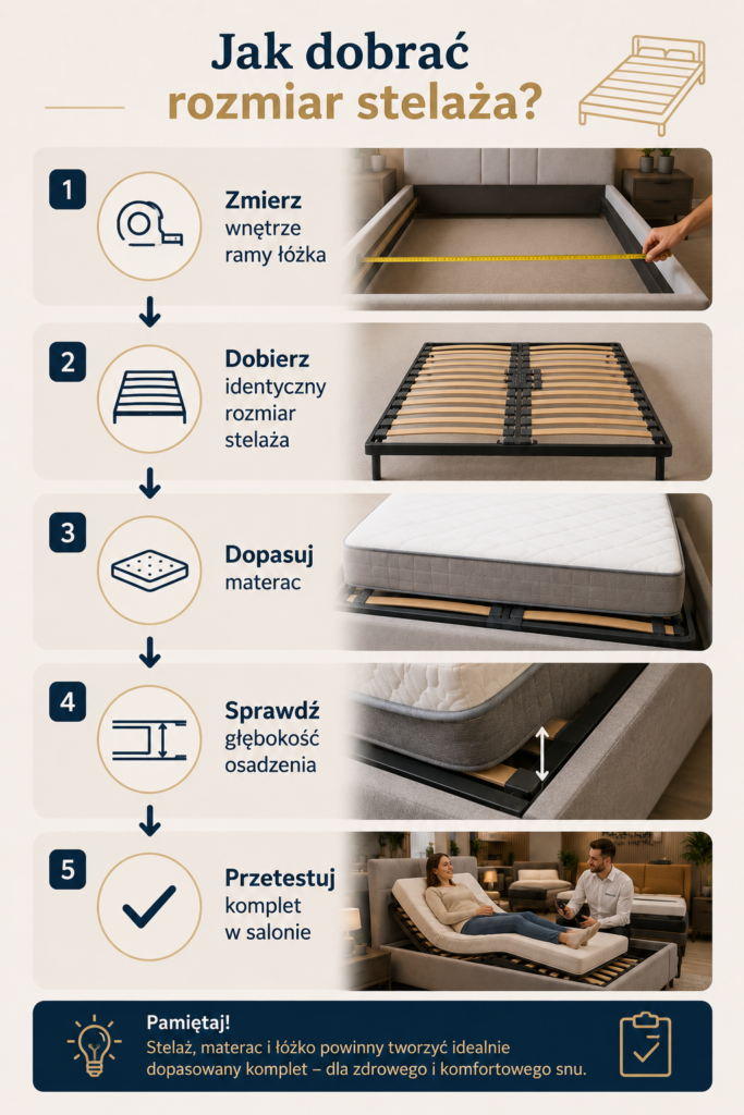 Infografika – jak dobrać rozmiar stelaża do łóżka? Pomiar ramy, dopasowanie materaca i montaż | Stelaże Oświęcim