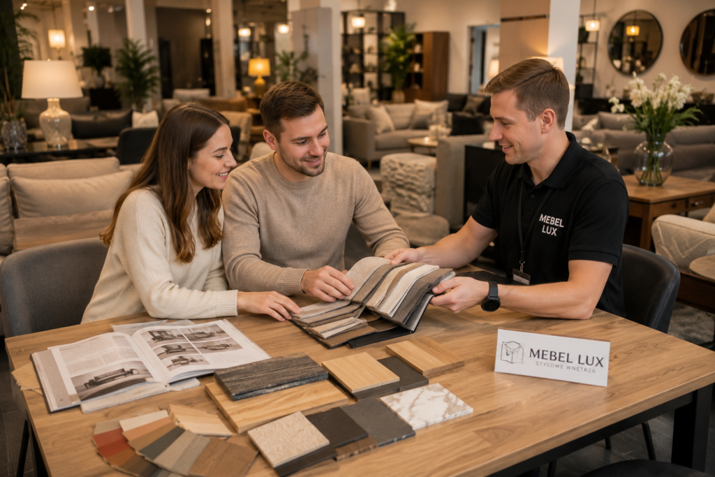 Klienci wybierają tkaniny i wykończenia mebli w salonie Mebel Lux Oświęcim