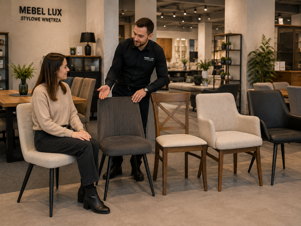 Klientka testująca różne krzesła z doradcą Mebel Lux w Oświęcimiu