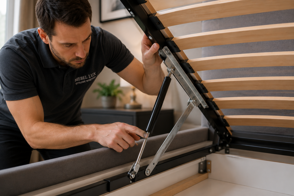Kontrola mechanizmów stelaża Kontrola mechanizmu stelaża regulowanego z pojemnikiem – sprawdzanie siłownika gazowego, zawiasów i elementów mocujących. Stelaże do łóżek Oświęcim.regulowanego