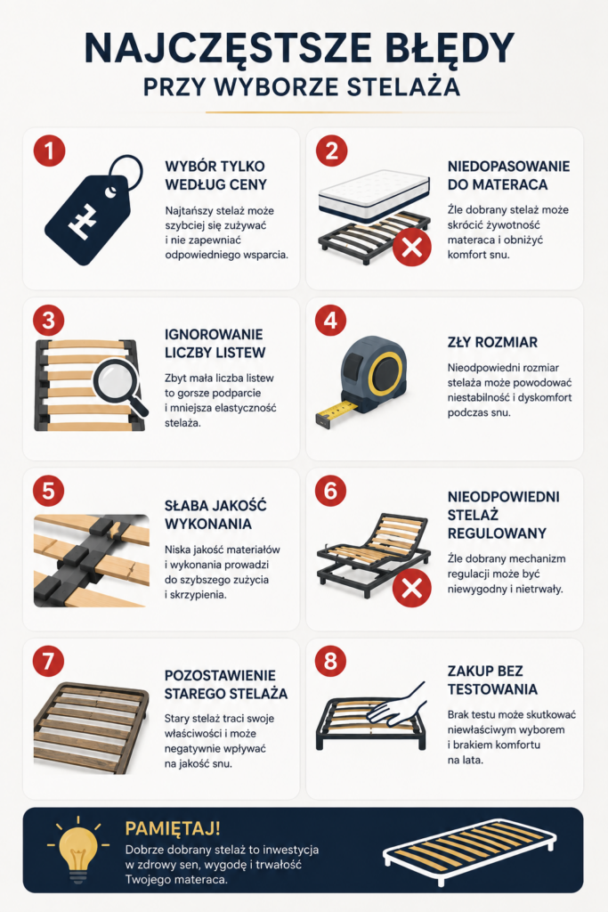 Infografika przedstawiająca najczęstsze błędy przy wyborze stelaża do łóżka – poradnik Mebel Lux Oświęcim dotyczący doboru stelaża pod materac.