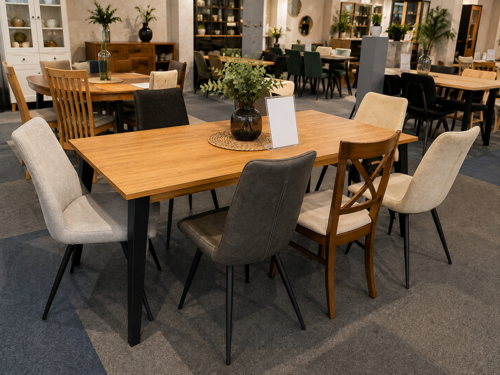 Stoły i krzesła na ekspozycji w salonie Mebel Lux Oświęcim – różne modele krzeseł przy drewnianym stole