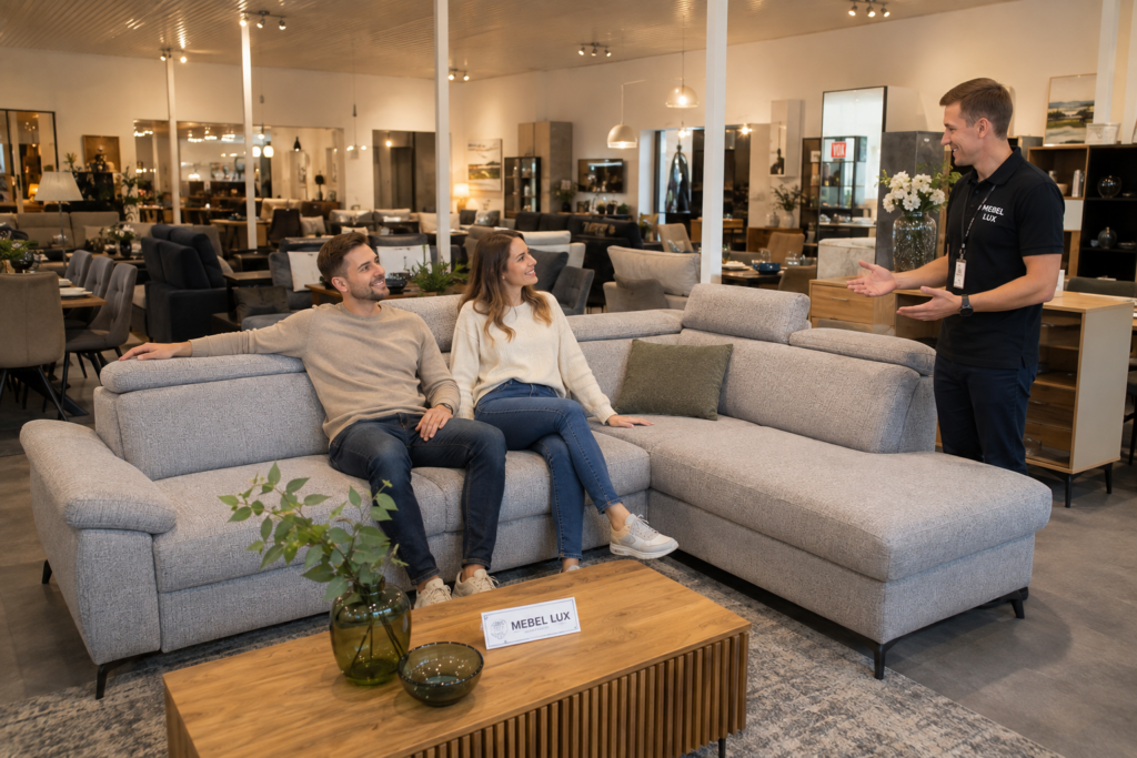 Klienci testują narożnik w salonie meblowym Mebel Lux Oświęcim