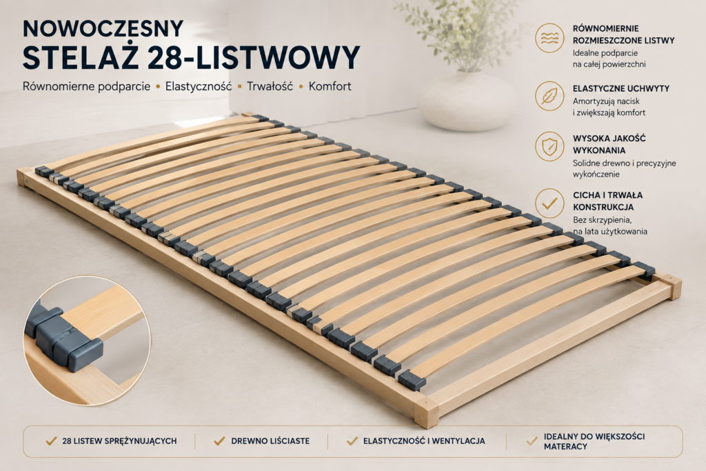 Nowoczesny stelaż do łóżka z 28 sprężynującymi listwami – równomierne podparcie materaca, elastyczne uchwyty i solidna drewniana konstrukcja. Stelaże do łóżek Oświęcim.