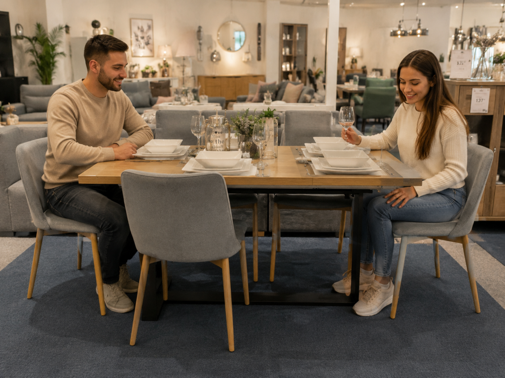 Klienci testujący meble do jadalni w salonie MEBEL LUX Oświęcim