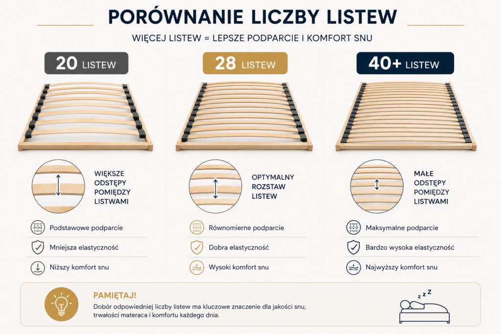 Porównanie liczby listew w stelażach do łóżek – stelaże z 20, 28 i 40+ listwami oraz ich wpływ na podparcie materaca, komfort snu i trwałość. Stelaże do łóżek Oświęcim.