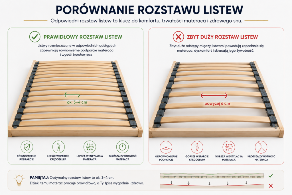 Porównanie rozstawu listew w stelażach do łóżek – prawidłowy rozstaw 3–4 cm i zbyt duże odstępy wpływające na komfort snu oraz trwałość materaca. Stelaże do łóżek Oświęcim.