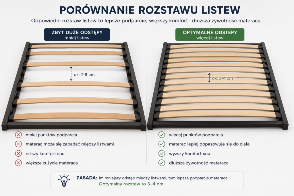 Porównanie rozstawu listew w stelażu do łóżka – zbyt duże odstępy i optymalny rozstaw 3–4 cm zapewniający lepsze podparcie materaca. Stelaże do łóżek Oświęcim.