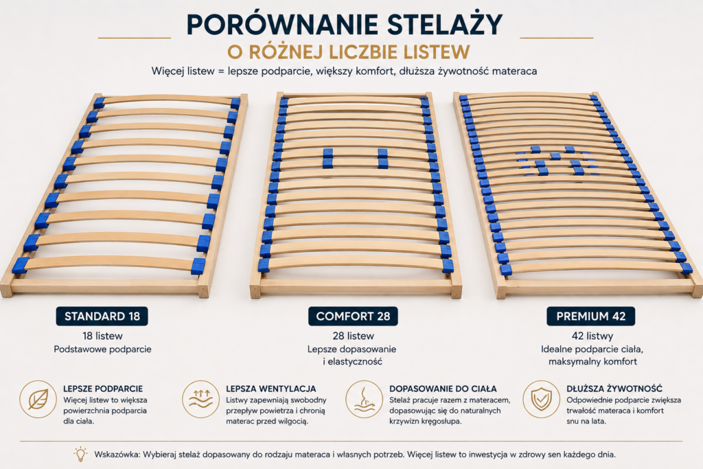 Infografika porównująca stelaże do łóżek o różnej liczbie listew – 18, 28 i 42 listwy. Pokazuje wpływ liczby listew na podparcie materaca, komfort snu, wentylację i trwałość. Stelaże do łóżek Oświęcim.