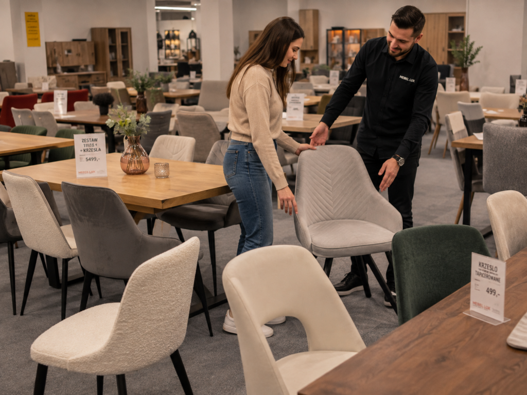 Klient z doradcą wybiera krzesła na ekspozycji Mebel Lux w Oświęcimiu