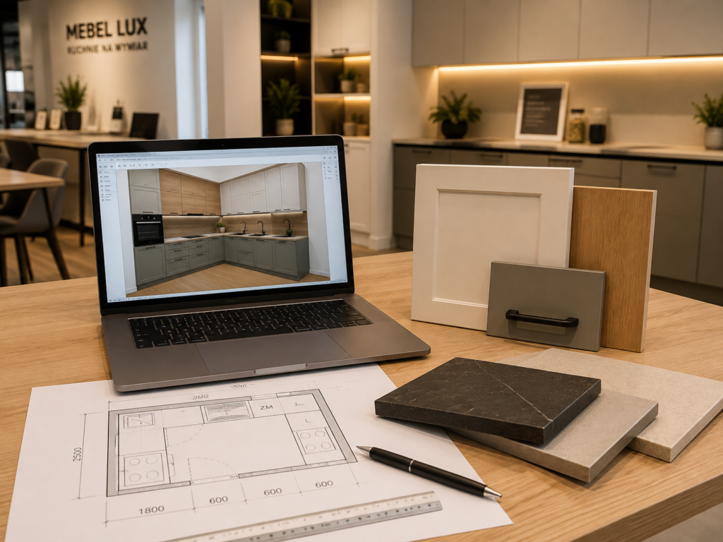 Projektowanie kuchni na wymiar – wizualizacja, plan i próbki materiałów Mebel Lux Oświęcim