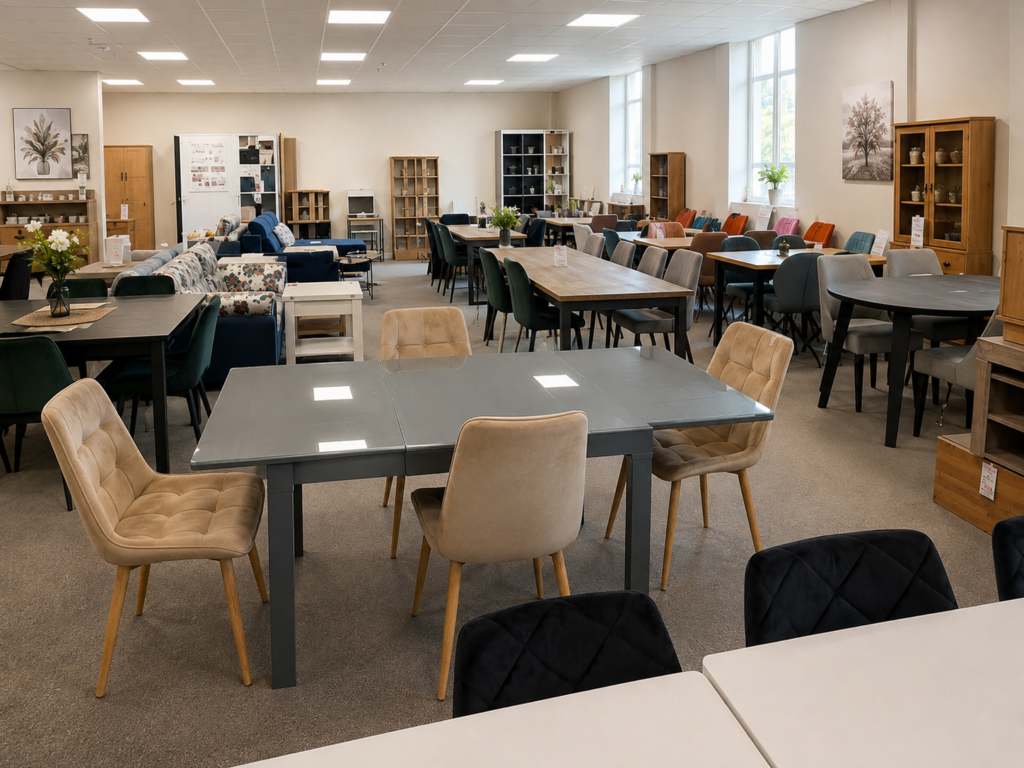 Duża ekspozycja stołów i krzeseł w salonie Mebel Lux w Oświęcimiu