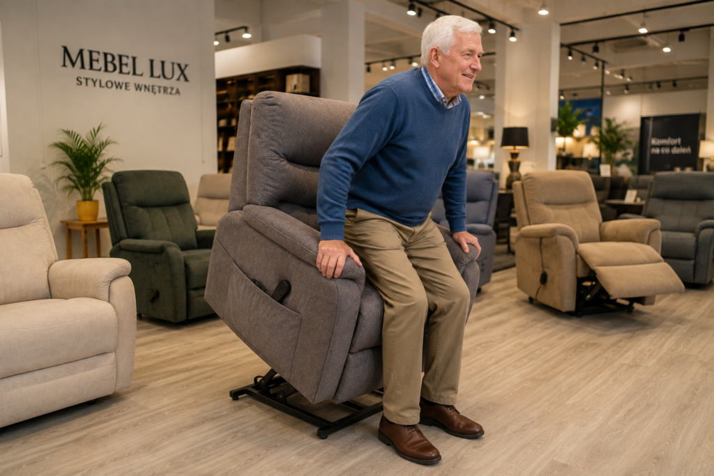 Senior korzystający z fotela relaksacyjnego z funkcją wstawania – Mebel Lux Oświęcim