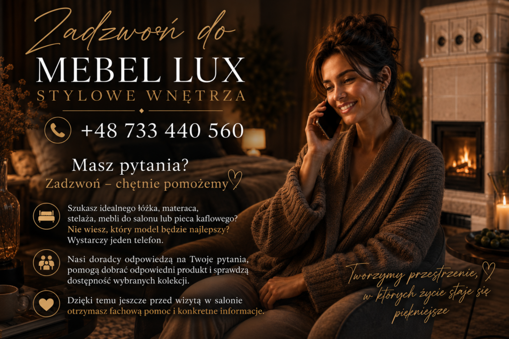 Zadzwoń do Mebel Lux Stylowe Wnętrza Oświęcim – telefoniczne doradztwo przy wyborze łóżek, materacy, stelaży, mebli i pieców kaflowych