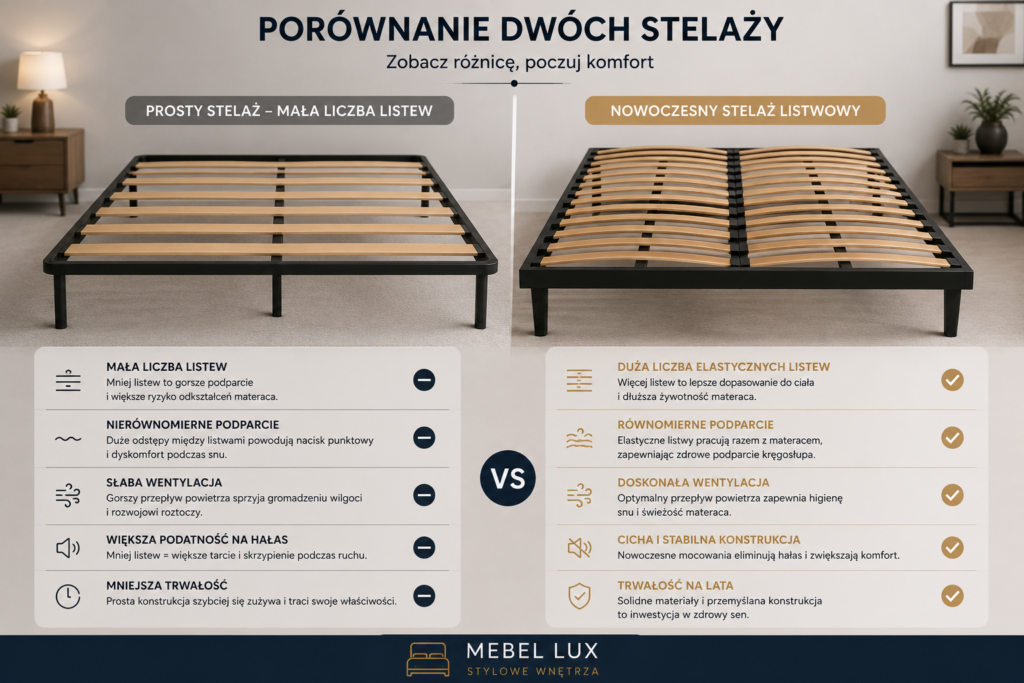 Porównanie dwóch stelaży do łóżka – prosty stelaż z małą liczbą listew i nowoczesny stelaż listwowy | Stelaże Oświęcim