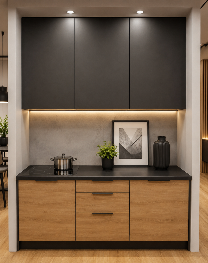 Kuchnia z drewnianymi frontami i czarną zabudową – MEBEL LUX Oświęcim