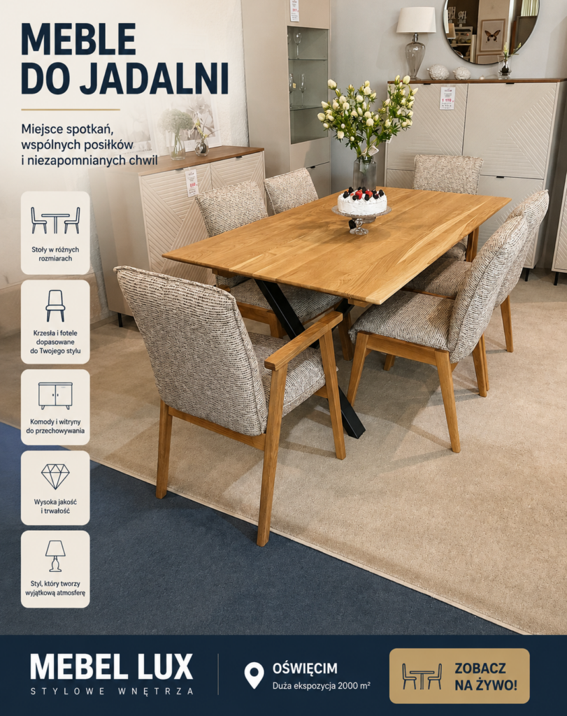 Meble do jadalni Oświęcim – stół, krzesła i witryny Mebel Lux