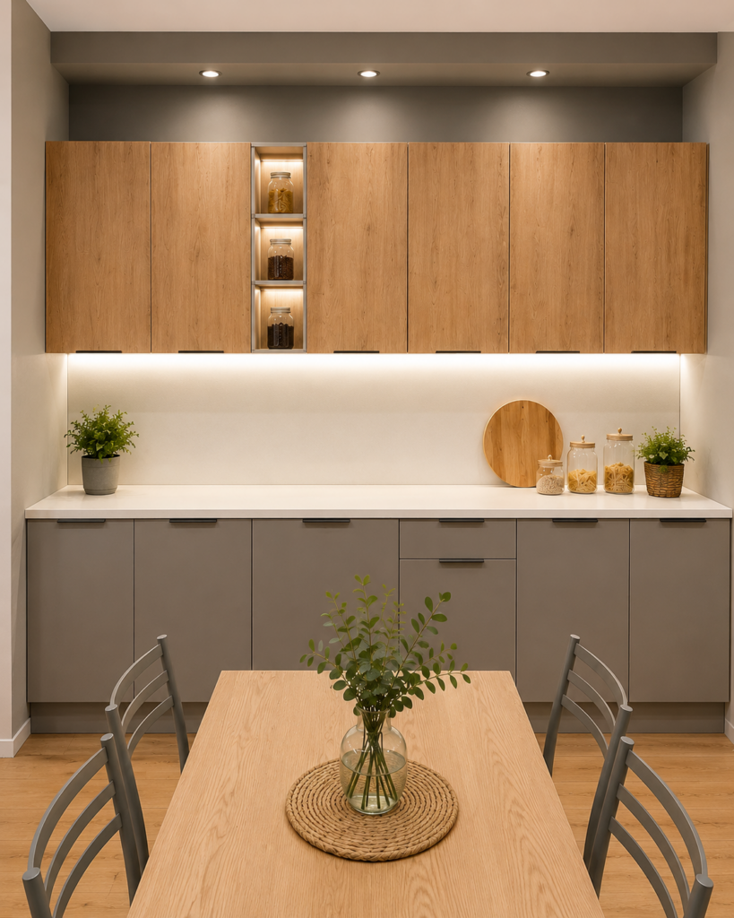 Nowoczesna kuchnia z drewnianymi frontami i szarą zabudową – MEBEL LUX Oświęcim
