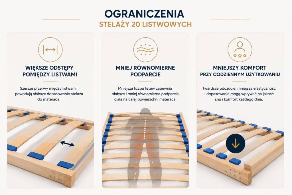 Infografika przedstawiająca ograniczenia stelaża do łóżka z 20 listwami – większe odstępy między listwami, mniej równomierne podparcie materaca oraz niższy komfort codziennego użytkowania. Stelaże do łóżek Oświęcim.