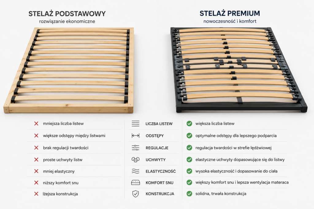 Porównanie stelaża podstawowego i premium – liczba listew, rozstaw, regulacja twardości oraz komfort użytkowania. Stelaże do łóżek Oświęcim.