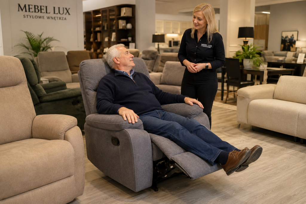 Klient testujący fotel relaksacyjny w salonie Mebel Lux w Oświęcimiu