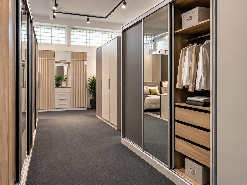 Ekspozycja szaf przesuwnych i garderób w salonie Mebel Lux Oświęcim