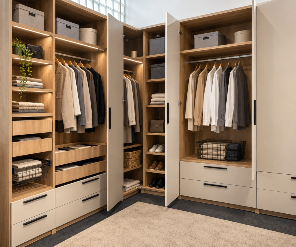 Wnętrze garderoby z półkami, drążkami i szufladami – Mebel Lux Oświęcim