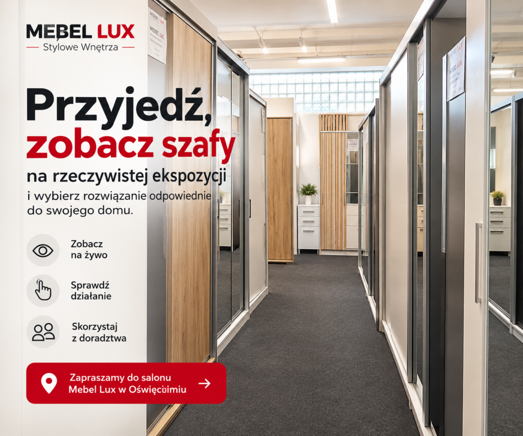 Ekspozycja szaf w salonie Mebel Lux Oświęcim – szafy przesuwne i z lustrem