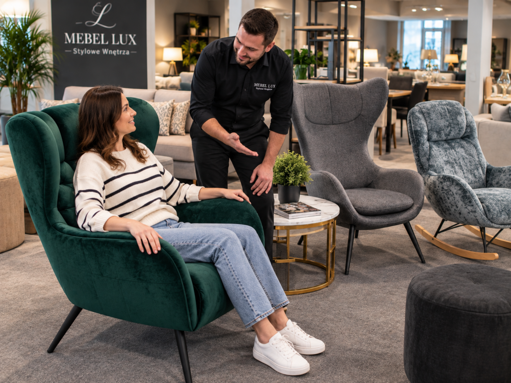 Klientka testuje fotel wypoczynkowy z doradcą MEBEL LUX w Oświęcimiu