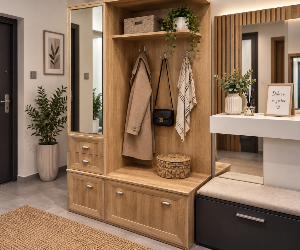 Meble do przedpokoju z lustrem, wieszakami i szafkami – Mebel Lux Oświęcim