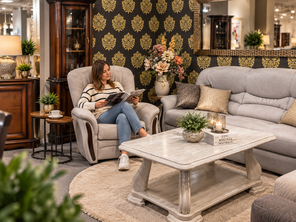 Klientka testująca fotel wypoczynkowy obok sofy w salonie MEBEL LUX Oświęcim
