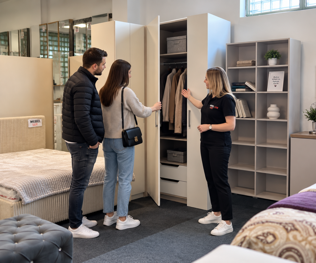 Klienci wybierający szafę z doradcą Mebel Lux w Oświęcimiu